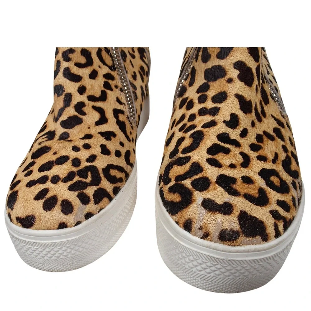 Steve Madden Wedgie Leopard Cow Hair Leather Hidden Wedge Zip Up Sneakers 8M